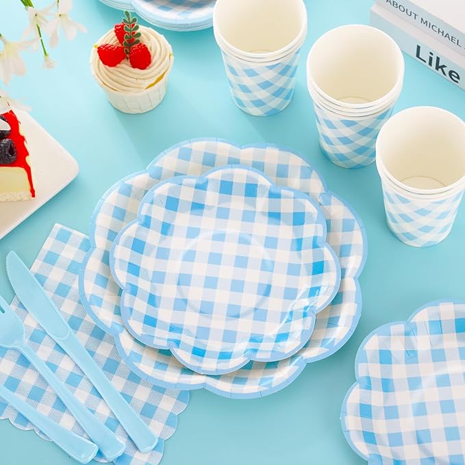 350 Pcs Blue Gingham Plates and Napkins Party Supplies - Blue and White Checkered Plates Sets Serve 50 Guests - Scalloped Gingham Paper Plate for Birthday Dinner Wedding Baby Shower Party Decorations