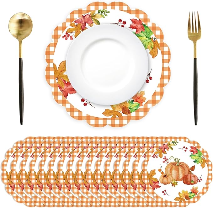 50Pcs Fall Pumpkin Round Paper Placemats,13.4 Inch Autumn Maple Leaf Round Table Mats Thanksgiving Scalloped Disposable Placemats for Harvest Birthday Thanksgiving Party Supplies