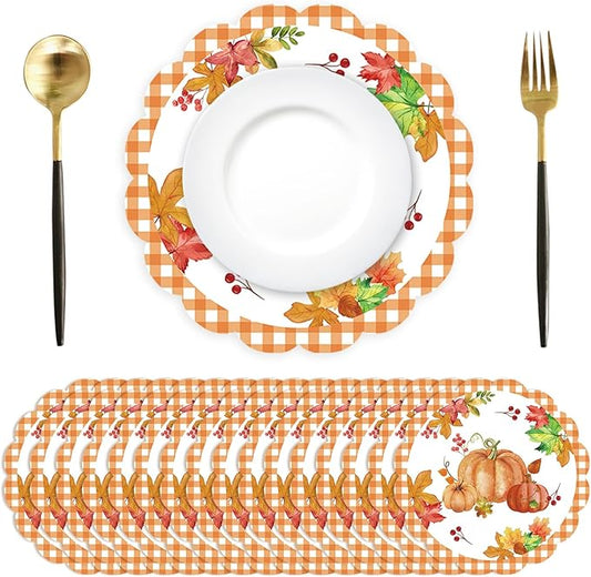 50Pcs Fall Pumpkin Round Paper Placemats,13.4 Inch Autumn Maple Leaf Round Table Mats Thanksgiving Scalloped Disposable Placemats for Harvest Birthday Thanksgiving Party Supplies