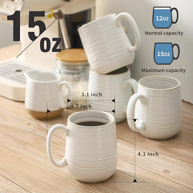 Hasense Coffee Mugs Set of 6, Ceramic Coffee Cups with Handle for Home Office, 12 Ounce Tea Cup for Coffee, Latte, Hot Cocoa, Dishwasher and Microwave Safe, Clay-Infused White