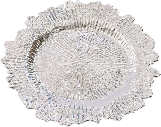 Antique Charger Plates Set 13'' Round Embossed Dinner Plate Chargers Plastic Elegant Floral Plates for Dinner Wedding Party Event Table Kitchen Decoration 100PCS (Silver 24Pcs)