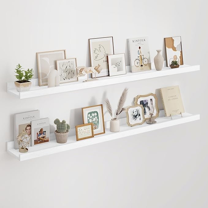 Floating Picture Ledge Shelves 48 Inch Solid Oak Wood Set of 2, Rustic Wall Storage Shelves with Lip, Kids Bookshelf, Photo & Picture Ledge Shelves for Bedroom, Living Room, Kitchen