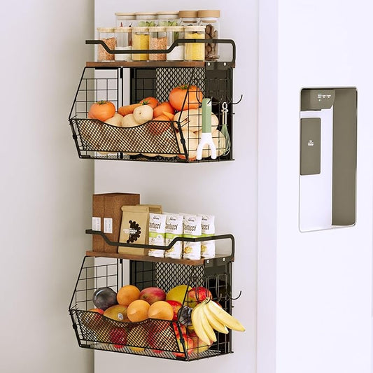 Magnetic Shelf for Fridge with Wood Lid, Large Capacity Magnetic Spice Rack for Refrigerator with 4 Hooks, Magnetic Basket for Kitchen Pantry Laundry Organizers Storage(2 Pack)