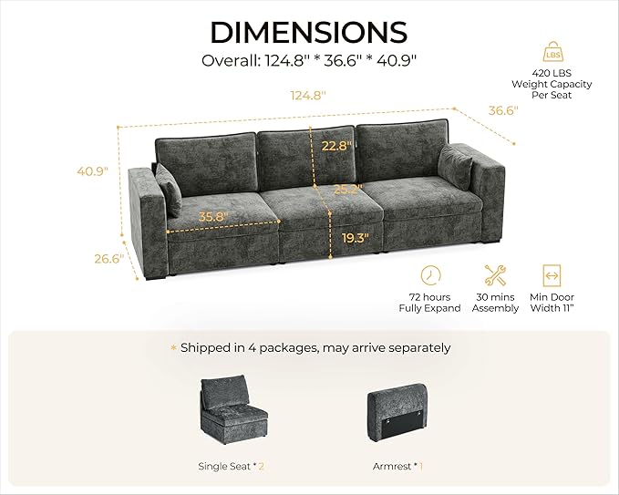 Oversized Modular Sofa Comfy Cloud Couch with Storage, Extra Deep Plush Sectional Sofa Set for Living Room, Covers Washable, Chenille, Olar (Grey, 3-Seater, Basic Shape)