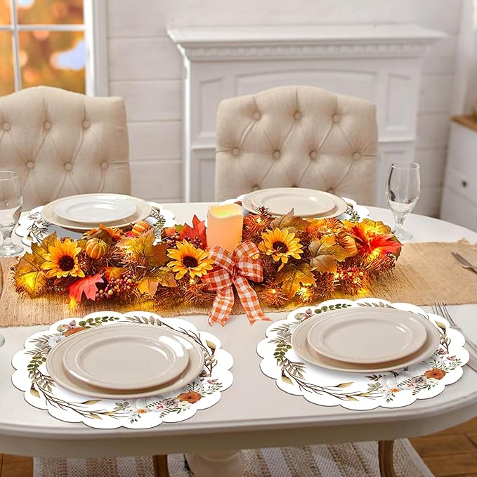 50Pcs Fall Flower Oval Paper Placemats,13.4 Inch Watercolor Pumpkin Leaves Round Table Mats Fall Thanksgiving Scalloped Disposable Placemats for Autumn Thanksgiving Birthday Party Supplies