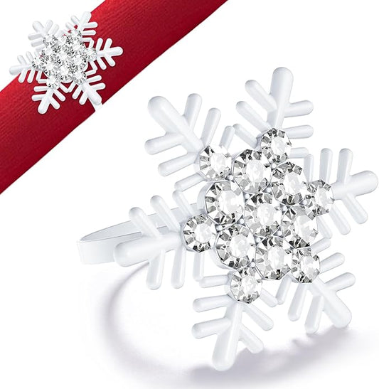 Halatool Set of 8 Christmas Napkin Rings White Snowflake with White Rhinestone Napkin Holder for Christmas Thanksgiving Holiday Party Table Decoration