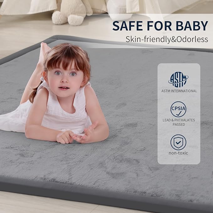 ACOMOPACK Baby Play Mat for Floor 1.3" Thick Memory Foam Play Mat 79"×157" Tummy Time Crawling with Non-Slip Bottom for Living Room,Nursery,Soft Velvet Playpen Mats for Kids,Infants（Dark Grey）