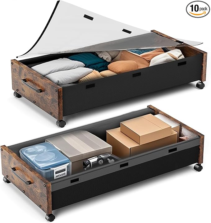 Wooden Under Bed Storage with Wheels, 80L Extra-large Rolling Under the Bed Storage Bins 2 Pack with Removable Lid, Upgrade Metal Under Bed Drawers for Clothes Shoes Blankets in Bedroom