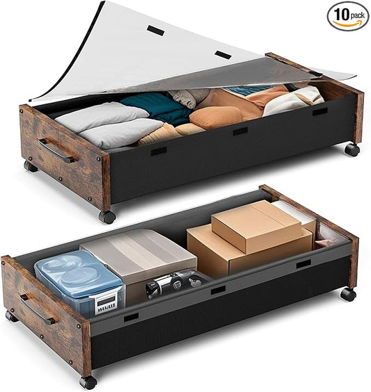 Wooden Under Bed Storage with Wheels, 80L Extra-large Rolling Under the Bed Storage Bins 2 Pack with Removable Lid, Upgrade Metal Under Bed Drawers for Clothes Shoes Blankets in Bedroom