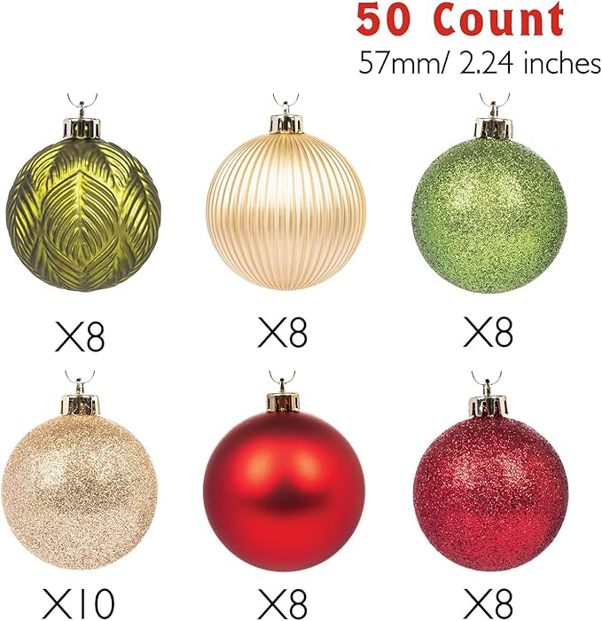 Every Day is Christmas Ornaments, Shatterproof Christmas Tree Ornament Set, Christmas Balls Decoration 50 Count (2.24"/57mm, Woodland)