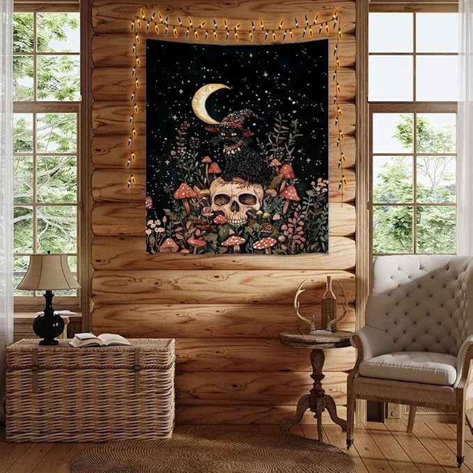 Halloween Witch Cat Tapestry Gothic Skull and Mushroom Artwork Print Spooky Halloween Witchy Wall Hanging Decor Black Cat Crescent Moon art Tapestries for Living Room Bedroom Decoration 70x90inch