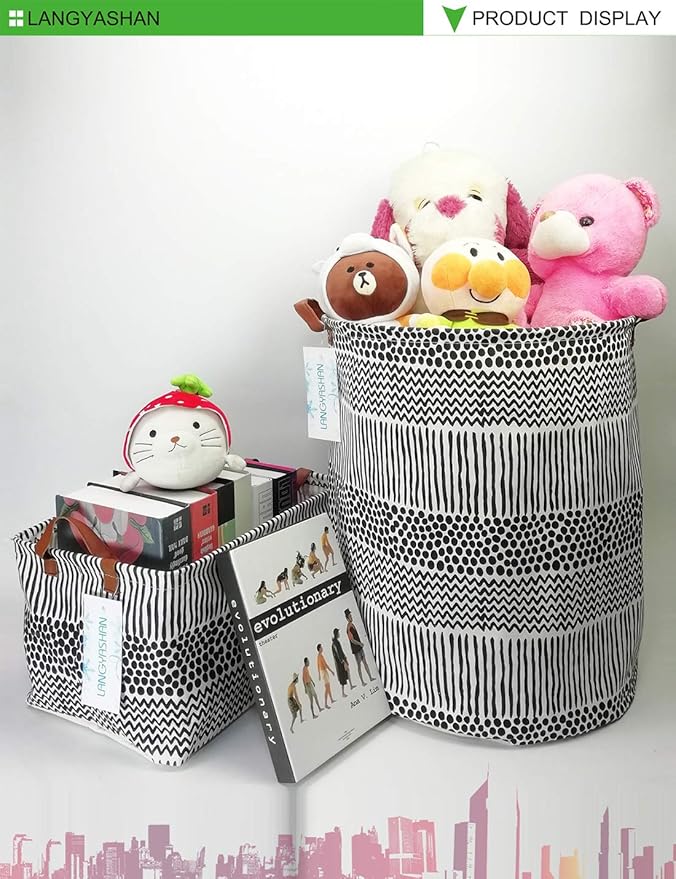 LANGYASHAN Rectangular Storage Bin Collapse Canvas Fabric Cartoon Storage Basket with Handles for Organizing Home Kitchen Boys and Girls Toys Office Closet Shelf Baskets (Rec Black line)