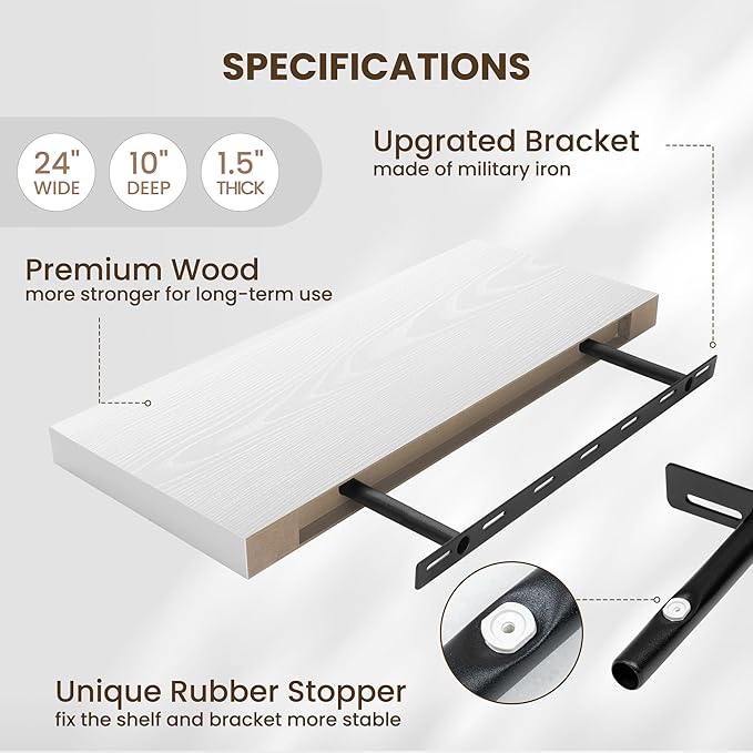 Fun Memories 24 Inch Floating Shelves Wall Mounted, 10 Inch Deep Wall Shelves, 24 x 10 Floating Shelf for Living Room Bathroom Bedroom, White, Set of 2