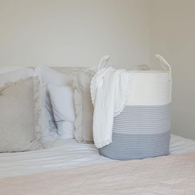 OrganiHaus Gray Nursery Laundry Basket 15x18 | Farmhouse Hamper Basket | Extra Large Storage Basket | Blanket Basket for Living Room | Baby Laundry Hamper | Toy Basket for Kids | Soft Pillow Basket