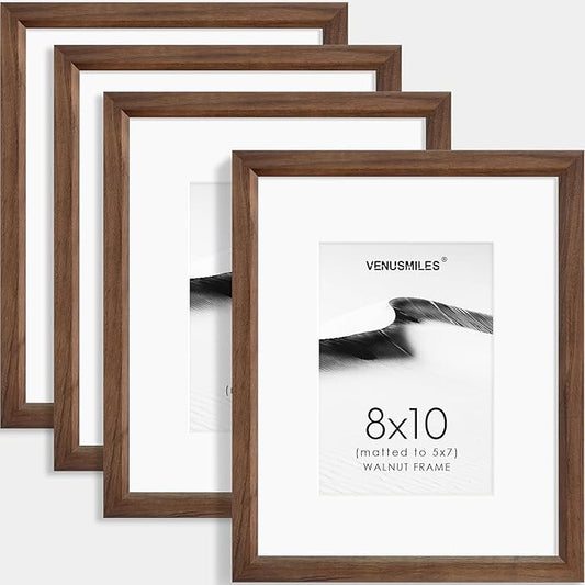 8x10 Picture Frame Set of 4 Natural Solid Walnut Photo Frames with 5x7 Removable Mat Wall Hanging Large Handcrafted Frame with HD Plexiglass Wall and Tabletop Display Large Poster Frame