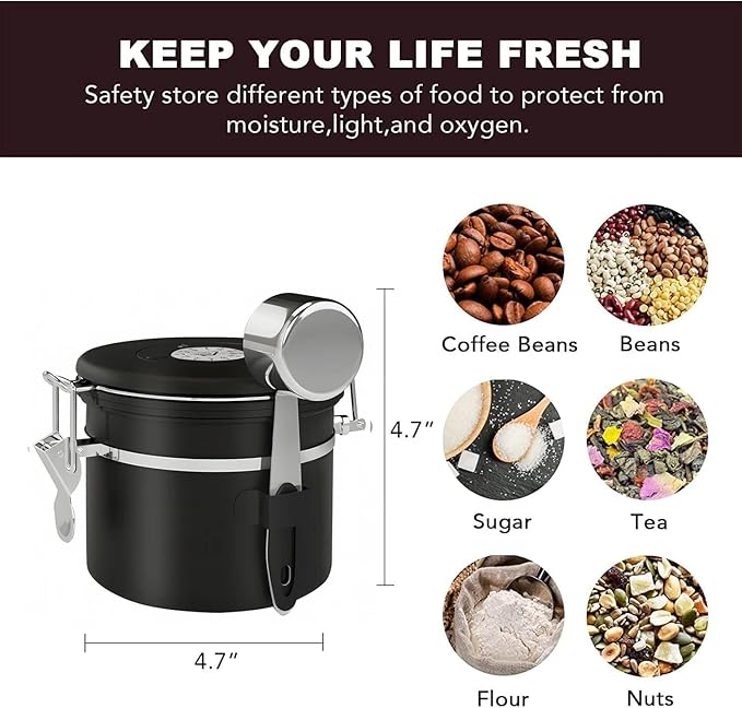 ShanSon Coffee Canister Airtight Coffee Container Stainless Steel Coffee Bean Storage Container with Scoop Coffee Canister for Beans Grounds Sugar Flour Tea Cereal,11OZ, Black