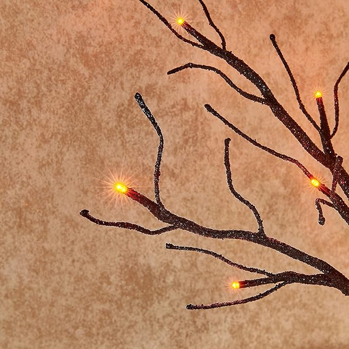 Hairui Lighted Tabletop Black Glittered Spooky Tree with Orange Lights 24 LED 18 Inches for Halloween Witch Decoration Battery Operated or USB Plug in Indoor Use