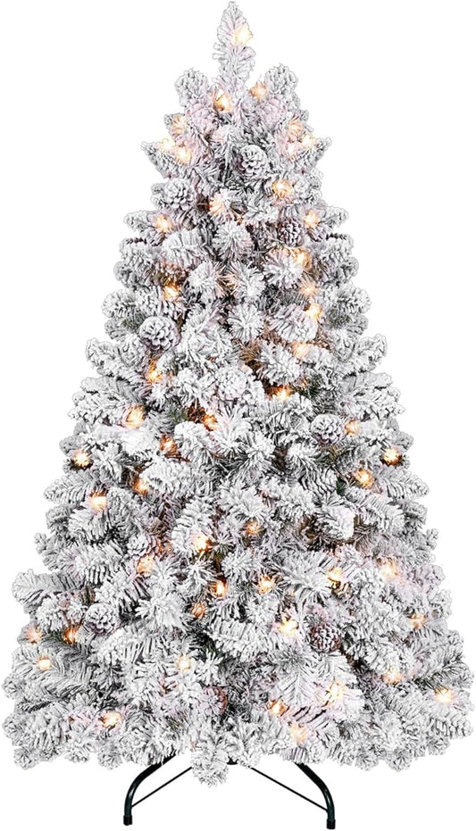 4 ft Prelit Flocked Christmas Tree with Pine Cones & 150 UL Lights, Snow Frosted Artificial Christmas Tree with Auto Hinged Stand for Holiday Decor