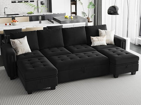 Belffin Modular Sectional Sleeper Sofa with Pull Out Bed Velvet Convertible U Shaped Sectional Sofa Couch with Storage Chaises for Living Room Black