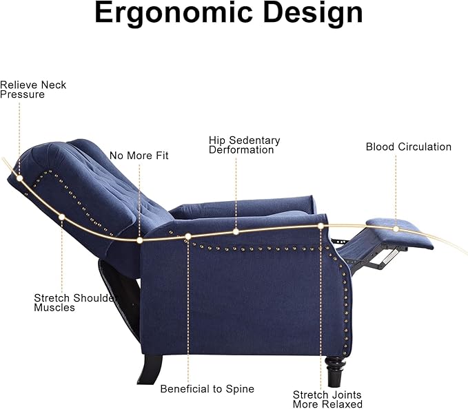 EBELLO Pushback Recliner Chair, Fabric Armchair Push Back Recliner with Rivet Decoration, Single Sofa Accent Chair for Living Room, Bedroom, Navy Blue