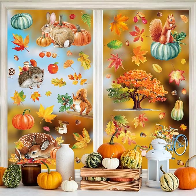 Fall Window Clings 9 Sheets Large-Size Window Clings for Glass Windo Decoration Autumn Leaves Animals Woodland Home Bedroom Nursery Room Windo Decals