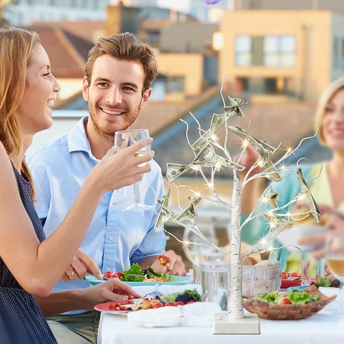 EAMBRITE Money Tree Gift Holder, Lighted Birch Tree 2FT 24LED, Battery/USB Powered Timer Light Up Display Twig Gift Card Tree with 6 Clear Clips and 6 Cards for Home Christmas Graduation Photo Memo