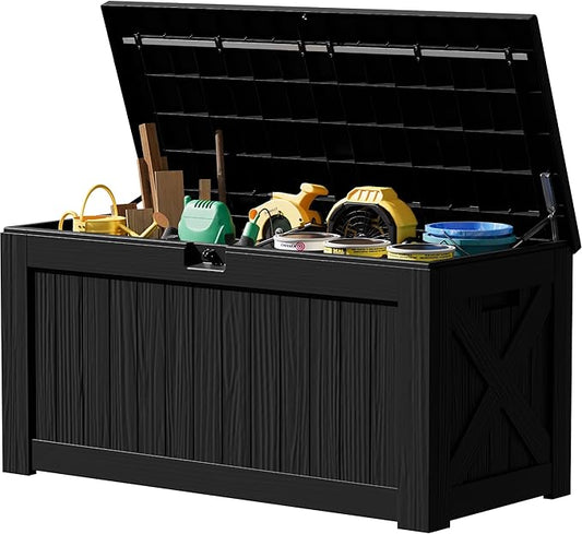 JUMMICO 120 Gallon Resin Deck Box, Large Outdoor Storage Box Waterproof & Lockable for Garden, Patio, Pools (Black)