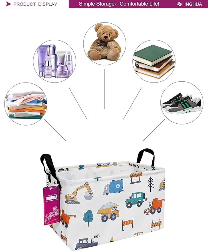 Rectangular Storage Basket Fabric Organizer Bin for Toys,Books,Clothes,Gifts,Pets-Perfect for Home,Office,Nursery,Dorm,Shelf(Rec-Vehicles)