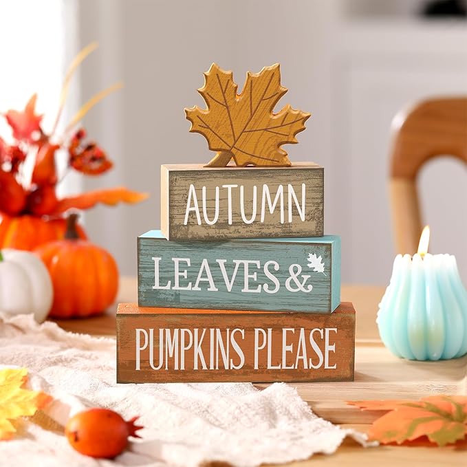 4 Pcs Fall Decor Fall Table Centerpiece Decorations Wooden Maple Leaf Autumn Tiered Tray Rustic Wood Maple Leaf Block Sign Thanksgiving Table Signs Farmhouse for Home Shelf