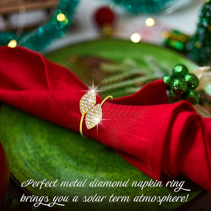 Hotop 300 Pcs Napkin Rings Gold Table Decorations, Elegant Bling Leaves Napkin Rings, Rhinestone Guest Towels Buckle for Wedding Gold Party, Dinner Banquet Table Decoration