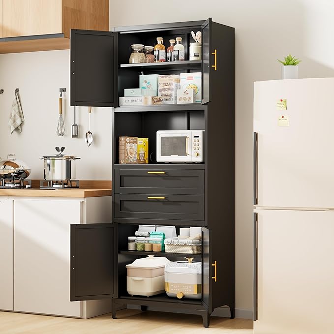 75” Tall Kitchen Pantry Storage Cabinet, Metal Storage Cabinet with 2 Drawers and Adjustable Shelves, Kitchen Pantry Cupboard, Freestanding Cupboard for Bathroom, Living Room(Black)