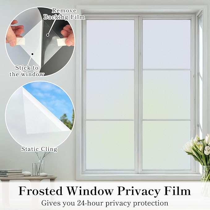 DUOFIRE Privacy Window Film Frosted Glass Film Matte White Static Cling Glass Film No Glue Anti-UV Window Sticker Non Adhesive for Privacy Office Meeting Room Bathroom Living Room DS001W 35.4x78.7in
