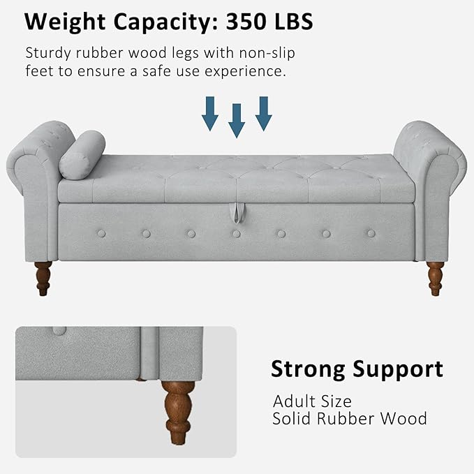 Storage Ottoman Bench for Bedroom, 63" End of Bed Bench with Rolled Arms Upholstered Ottoman Bench Fit for Bedroom, Living Room, Entryway, Velvet Light Gray