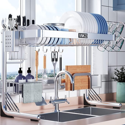 VNKZI Over Sink Dish Drying Rack, 2 Tier Full Stainless Steel Storage Adjustable Length (25.98'' to 36.61'') Kitchen Rack, Multifunctional Expandable Counter Organizer, Space Saver Dish Rack