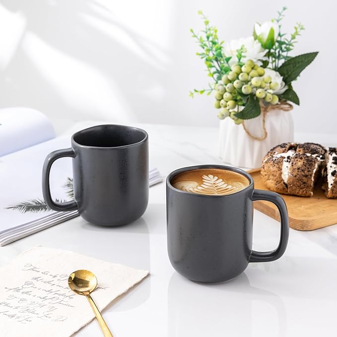 AmorArc 14oz Coffee Mugs Set of 6, Ceramic Coffee Mugs with Large Handle & Wavy Rim for Latte/Hot Cocoa/Tea, Stylish Coffee Cups for Men Women. Oven,Dishwasher&Microwave Safe, Dark Gray