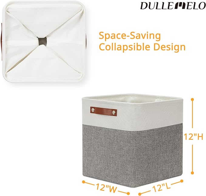 DULLEMELO [Set of 4 Storage Cubes Baskets for Organizing, 12 x 12 x 12 inch Cube Storage Organizer Bins with Leather Handles, Foldable Fabric Cloth Bins for Cube Storage(4 Pack - 12" White&Grey)