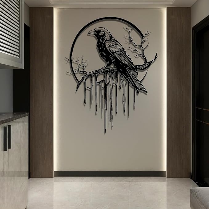 Crow Metal Wall Decor, Raven Wall Art, Large Gothic Raven Decor Hangings, Bird Wall Decor, Metal Tree Branch Decor, Ravens Sign, Raven Art for Living Room (Silver, 35"x28" | 90x72cm, metal wall art)