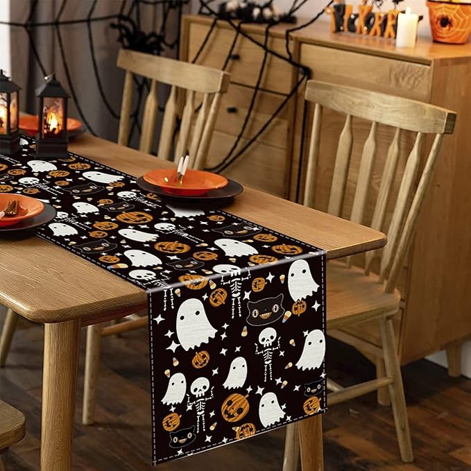 GAGEC Halloween Table Runner Black Cat Pumpkins Seasonal Kitchen Dining Table Home Outdoor Party Decorations (13'' x 60'')