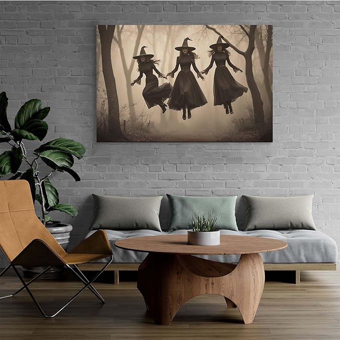 Three ghost witches flying in vintage forest gothic wall art witchcraft decoration holiday gift canvas wall art print20x30in Wood Framed