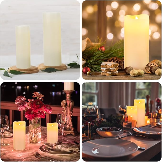 Flameless Battery Operated Led Candles-Set of 9(H 4" 5" 6" 7" 8" 9" x D 2.2") Real Wax Flickering Pillar LED Electric Candles with 10-Key Remote and 24 Hours Timer Ivory