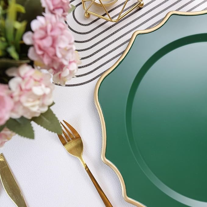 Green Chargers for Dinner Plates, 13 Inch Scalloped Plastic Decorative Table Charger Service Plates Set of 6 for Wedding, Holiday, Thanksgivng, Christmas