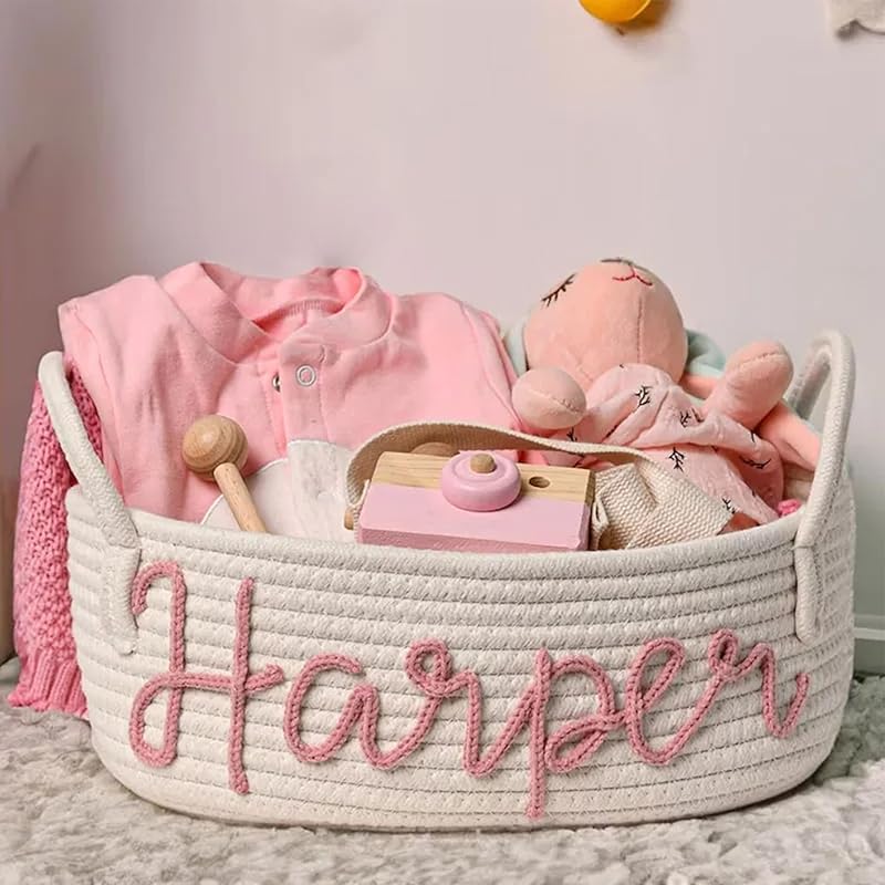Personalized Baby Name Basket, Custom Woven Baby Shower Gift Basket with Cotton Rope Handle Baby Diaper Nursery Shelf Storage Basket Bin for Kids' Bedroom (Style 2)