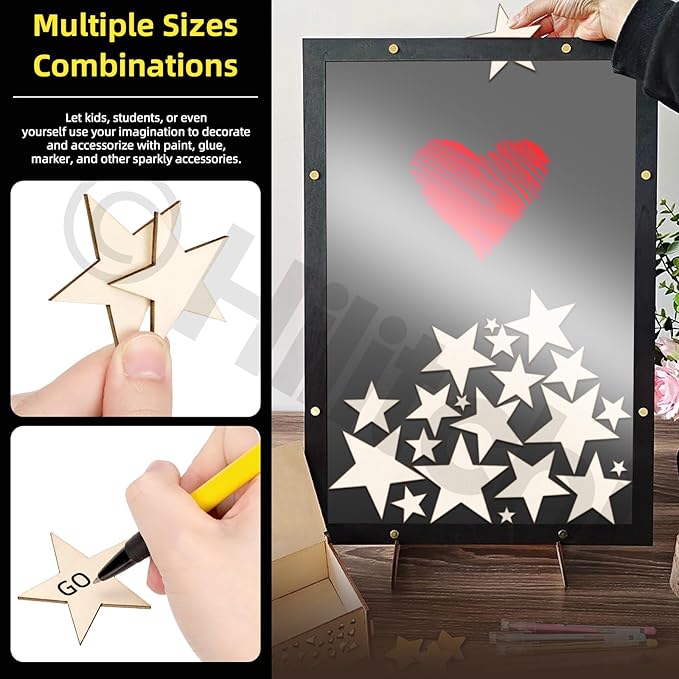 Hilitchi 300Pcs 5Sizes Unfinished Wooden Stars Wood Stars Craft Unfinished Wooden Stars Ornanents Wooden Stars Shape Blank Wood Ornaments Cutout Blank Wood for DIY Art Crafts Home Decorations