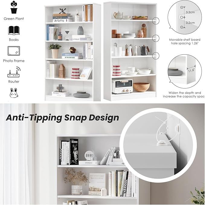 Bookshelf, Open Modern Bookshelf, 5 Shelf Bookcase with Freestanding Display Storage, Wooden Book Shelf for Bedroom, Living Room, Dinning Room, Office, 60 Inch, White