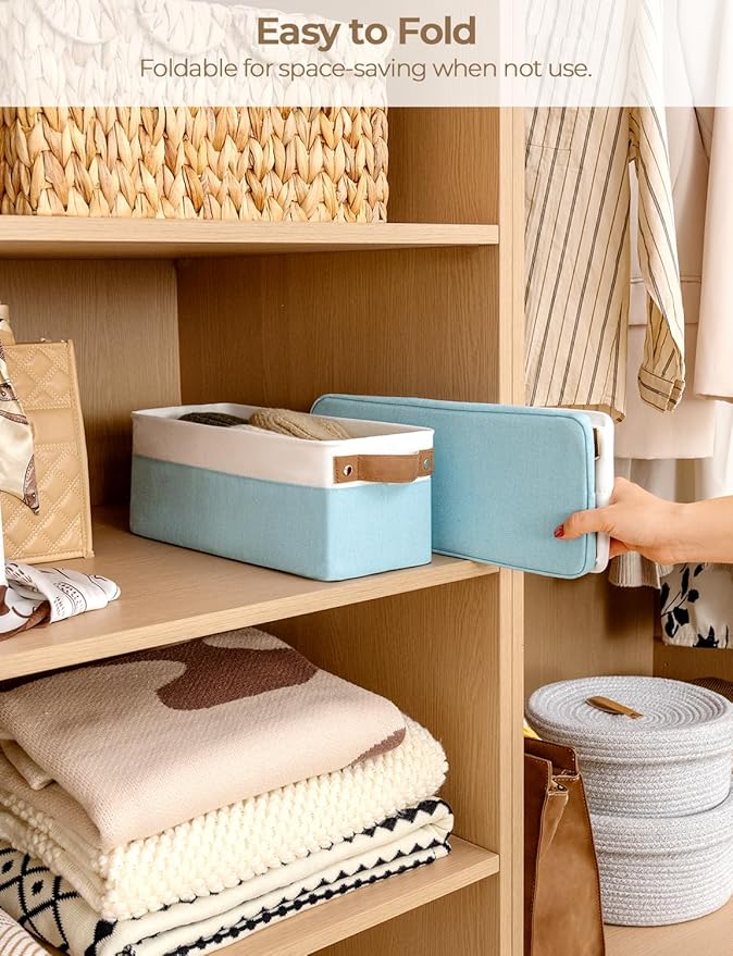 StorageWorks Narrow Storage Bins, Small Basket for Closet and Shelves, Fabric Organizer with Handles, Toilet Paper Storage, Light Blue and White, 2-Pack