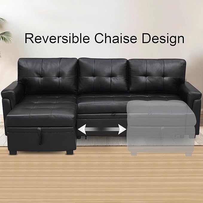 Naomi Home Modern Sectional Sofa with Storage Chaise Black/Air Leather