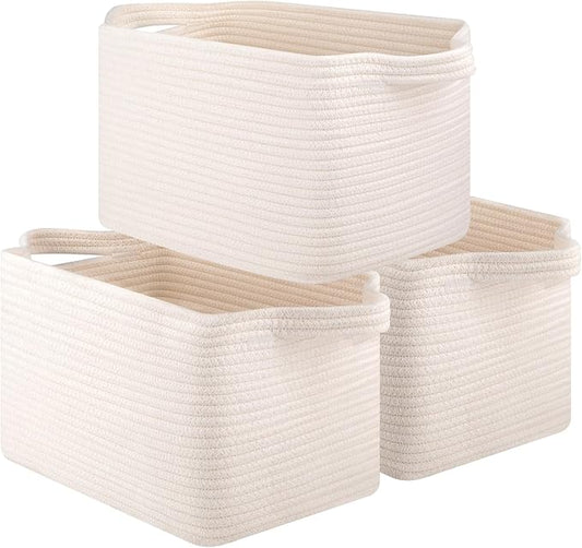 Storage Baskets for Organizing, Decorative Woven Baskets for Shelves, Cotton Rope Storage Cube Bins for Toys, Books, and Towels-13''Lx10''Wx8.6''H-3 Packs, White