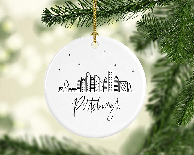 Andaz Press Round Ceramic Porcelain Christmas Tree Ornament Keepsake, Pittsburgh Black and White Stars City Skyline Graphic, 1-Pack, Birthday Gift Family Coworker Him Her, Includes Gift Box