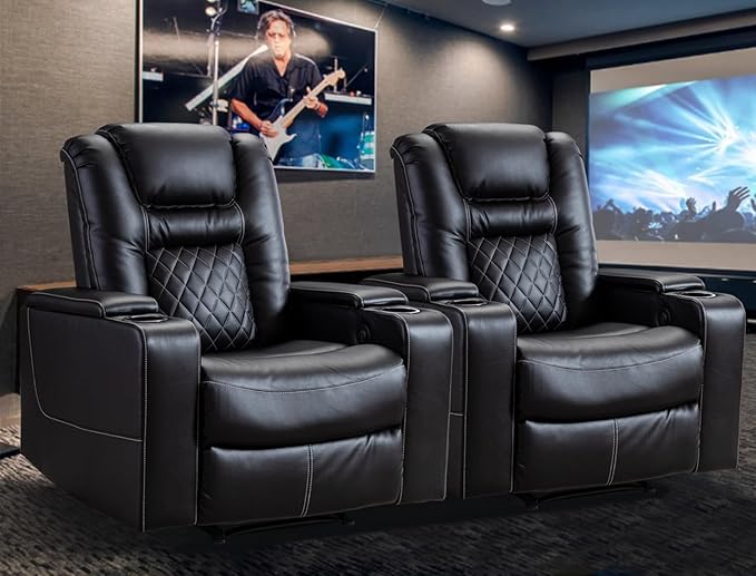 CANMOV Electric Power Recliner Chair Set of 2, Breathable Leather Home Theater Seating with Hidden Arm Storage, Power Recliner Chair for Living Room with USB Ports and Cup Holders,Black