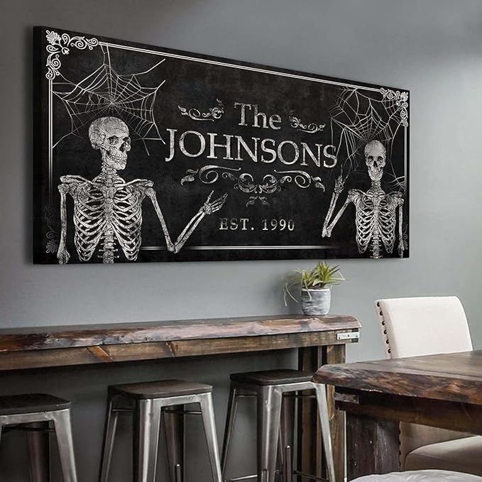 Tailored Canvases Gothic Family Wall Decor - Personalized Grunge Vintage Skeleton Room Decor for Home, Halloween Lovers, Men & Women for Bedroom, Living Room - Custom Couple Name, White Print, 48"x24"